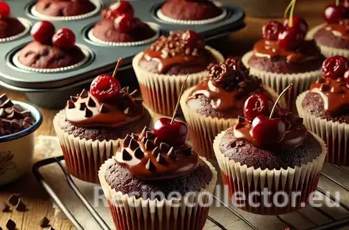 A rustic table with chocolate cherry cupcakes on a wire rack, topped with melted chocolate chips and dried cherries, surrounded by baking tools and scattered ingredients.