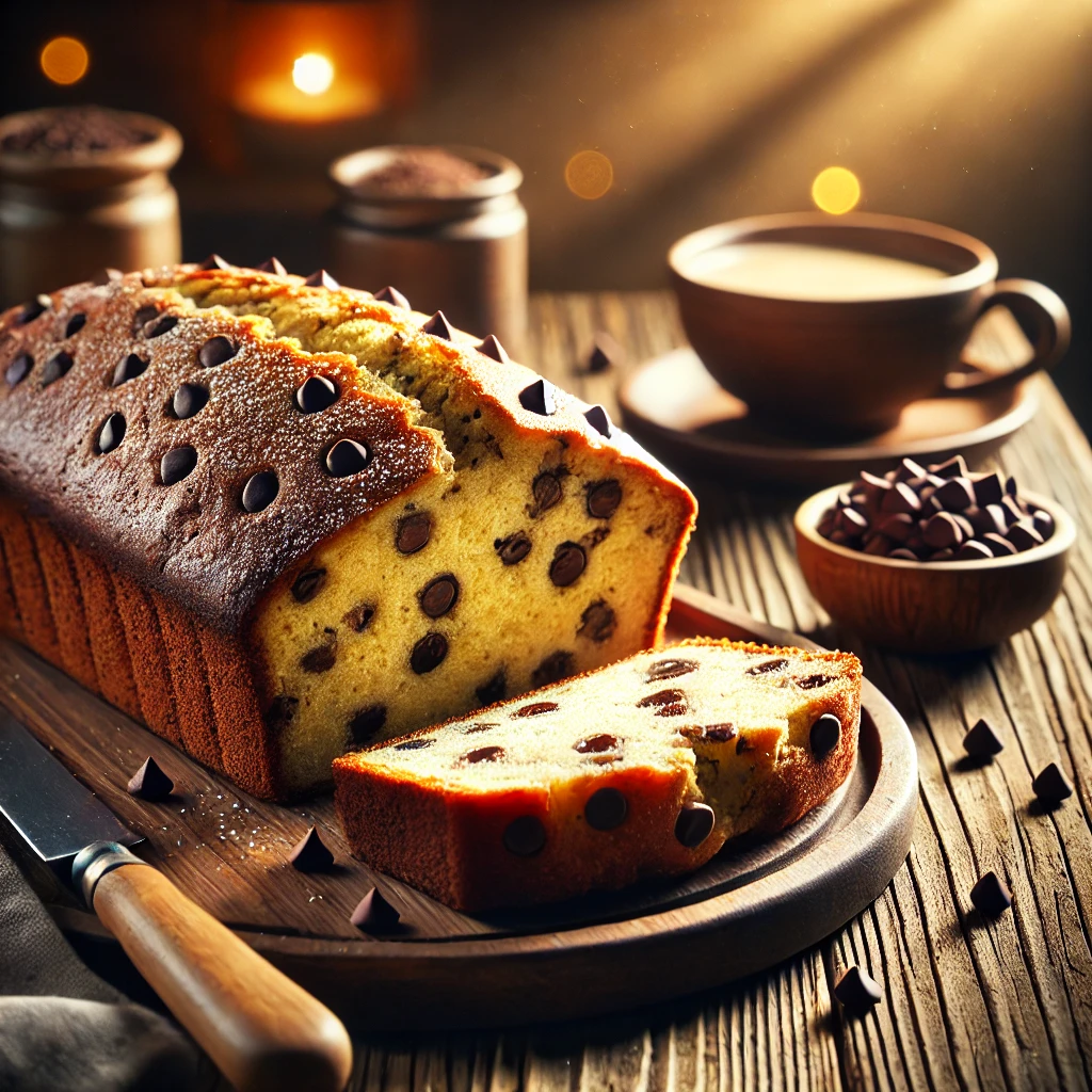 Chocolate Chip Banana Bread on a rustic wooden platter, featuring a freshly baked loaf with a golden-brown crust and a soft, moist interior with melted chocolate chips. Lightly dusted with powdered sugar, set on a wooden table with a cup of coffee and a dish of extra chocolate chips in the softly blurred background.