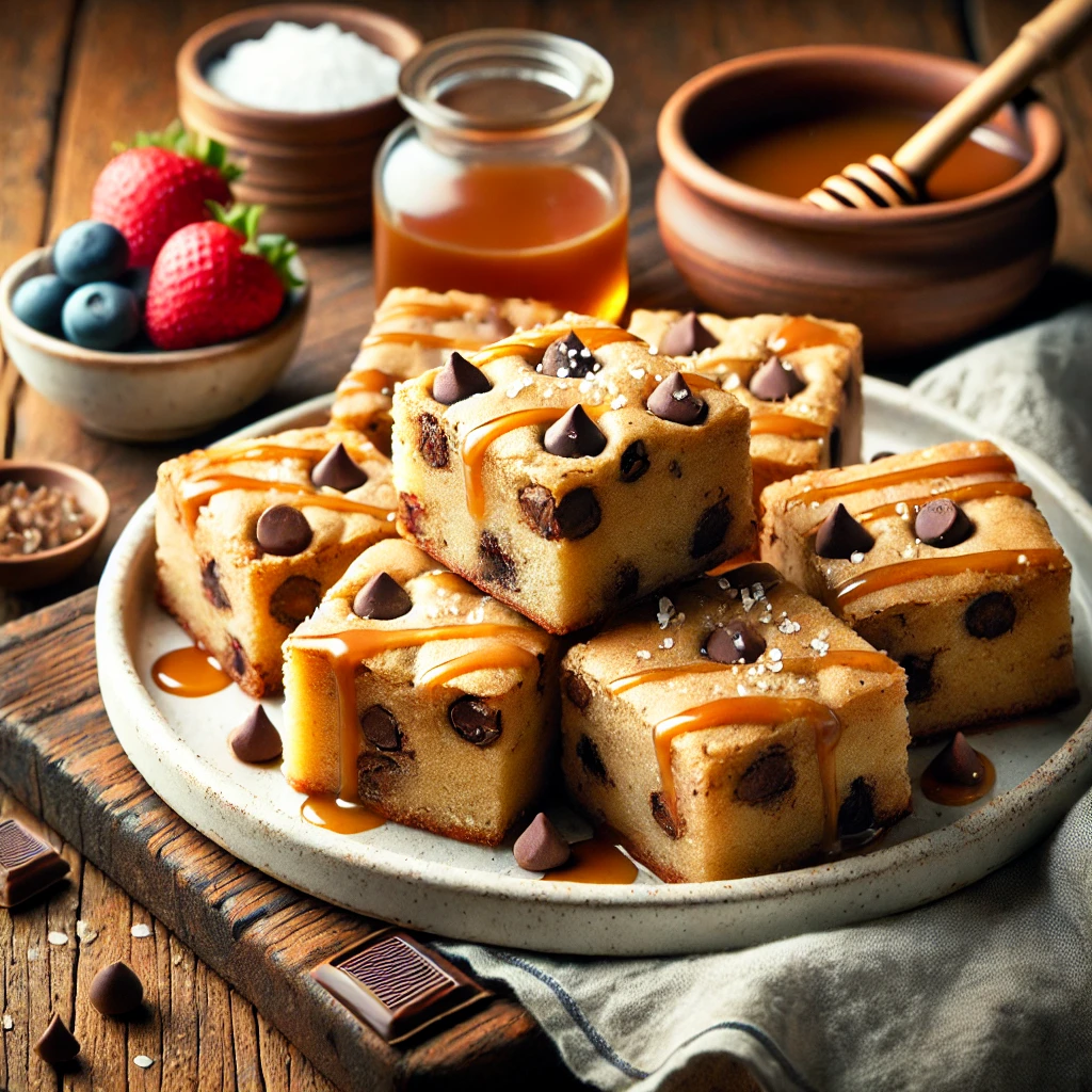 A beautifully plated batch of Chocolate Chip Blonde Brownies served on a rustic wooden table. The blondies are golden-brown, soft, and chewy, loaded with melty chocolate chips. Topped with a light drizzle of caramel and a sprinkle of sea salt. Arranged on a white ceramic plate with a side of fresh berries. The warm wooden table is more visible, providing a cozy and inviting setting.