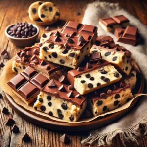 A plate of chocolate chip cookie dough bark with a creamy cookie dough layer and mini chocolate chips on a rich dark chocolate base, on a rustic wooden table. Some pieces are broken apart to reveal the soft, doughy texture, with extra chocolate chips and cookie crumbs scattered around. A cozy napkin and wooden plate enhance the warm, inviting atmosphere.