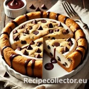 A thick chocolate chip cookie pie with a golden crust and creamy vanilla filling, topped with chocolate drizzle and served on a rustic wooden table.