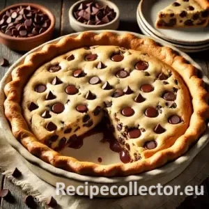 A golden-brown chocolate chip cookie pie in a ceramic dish, with a slice cut out showing its gooey chocolate center. Styled on a rustic wooden table with dessert plates and scattered chocolate chips.