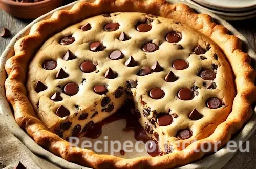 A golden-brown chocolate chip cookie pie in a ceramic dish, with a slice cut out showing its gooey chocolate center. Styled on a rustic wooden table with dessert plates and scattered chocolate chips.