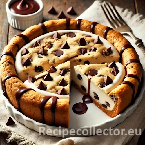 A thick chocolate chip cookie pie with a golden crust and creamy vanilla filling, topped with chocolate drizzle and served on a rustic wooden table.