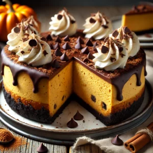 A rich chocolate chip pumpkin cheesecake on a rustic wooden table, featuring a smooth, spiced pumpkin filling studded with chocolate chips on a chocolate cookie crust. The top is drizzled with melted chocolate and garnished with whipped cream swirls and chocolate shavings. A slice is cut to reveal the creamy, decadent layers inside, with scattered chocolate chips and pumpkin spice adding to the cozy, homemade feel. Soft natural lighting enhances the warm, autumnal tones.
