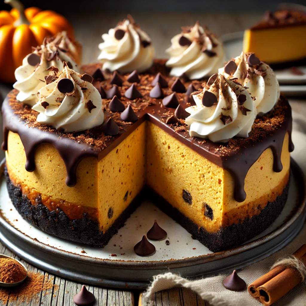 A rich chocolate chip pumpkin cheesecake on a rustic wooden table, featuring a smooth, spiced pumpkin filling studded with chocolate chips on a chocolate cookie crust. The top is drizzled with melted chocolate and garnished with whipped cream swirls and chocolate shavings. A slice is cut to reveal the creamy, decadent layers inside, with scattered chocolate chips and pumpkin spice adding to the cozy, homemade feel. Soft natural lighting enhances the warm, autumnal tones.