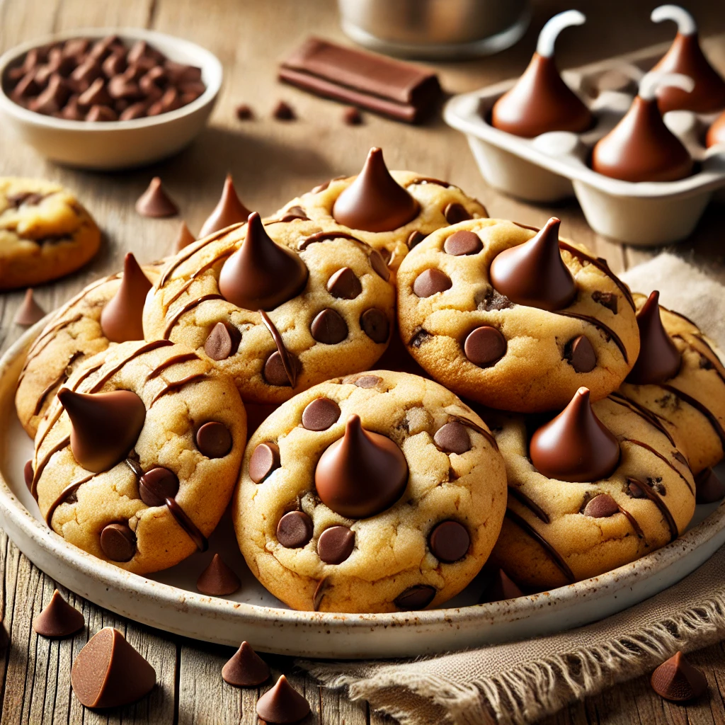 A plate of Chocolate Chip Kisses Cookies on a rustic wooden table, featuring golden brown cookies with a soft, chewy texture, studded with melted chocolate chips and topped with a Hershey’s Kiss in the center. Some cookies are drizzled with extra chocolate for added indulgence, while a few broken cookies reveal their gooey, chocolate-filled interior. Scattered chocolate chips and cookie crumbs add to the homemade charm. Soft natural lighting enhances the warm, inviting tones.
