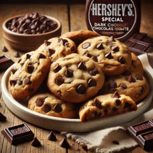 A plate of Chocolate Chip Cookies made with Hershey's Special Dark Chocolate Chips on a rustic wooden table, featuring golden brown cookies with a soft, chewy texture, generously studded with deep, rich dark chocolate chips. Some cookies are drizzled with extra dark chocolate for added indulgence, while a few broken cookies reveal their gooey, chocolate-filled interior. Scattered dark chocolate chips and cookie crumbs add to the homemade charm. Soft natural lighting enhances the warm, inviting tones.