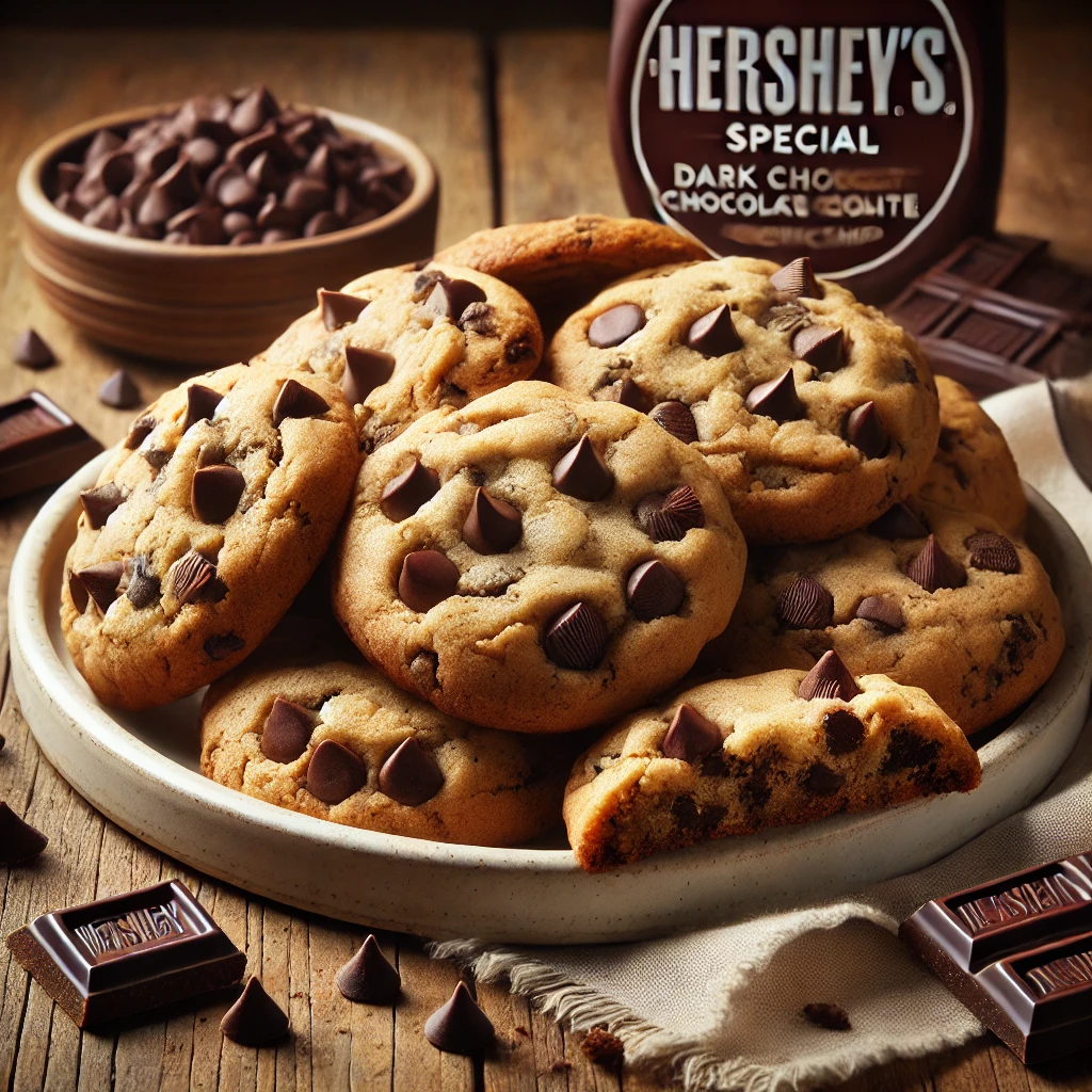 A plate of Chocolate Chip Cookies made with Hershey's Special Dark Chocolate Chips on a rustic wooden table, featuring golden brown cookies with a soft, chewy texture, generously studded with deep, rich dark chocolate chips. Some cookies are drizzled with extra dark chocolate for added indulgence, while a few broken cookies reveal their gooey, chocolate-filled interior. Scattered dark chocolate chips and cookie crumbs add to the homemade charm. Soft natural lighting enhances the warm, inviting tones.