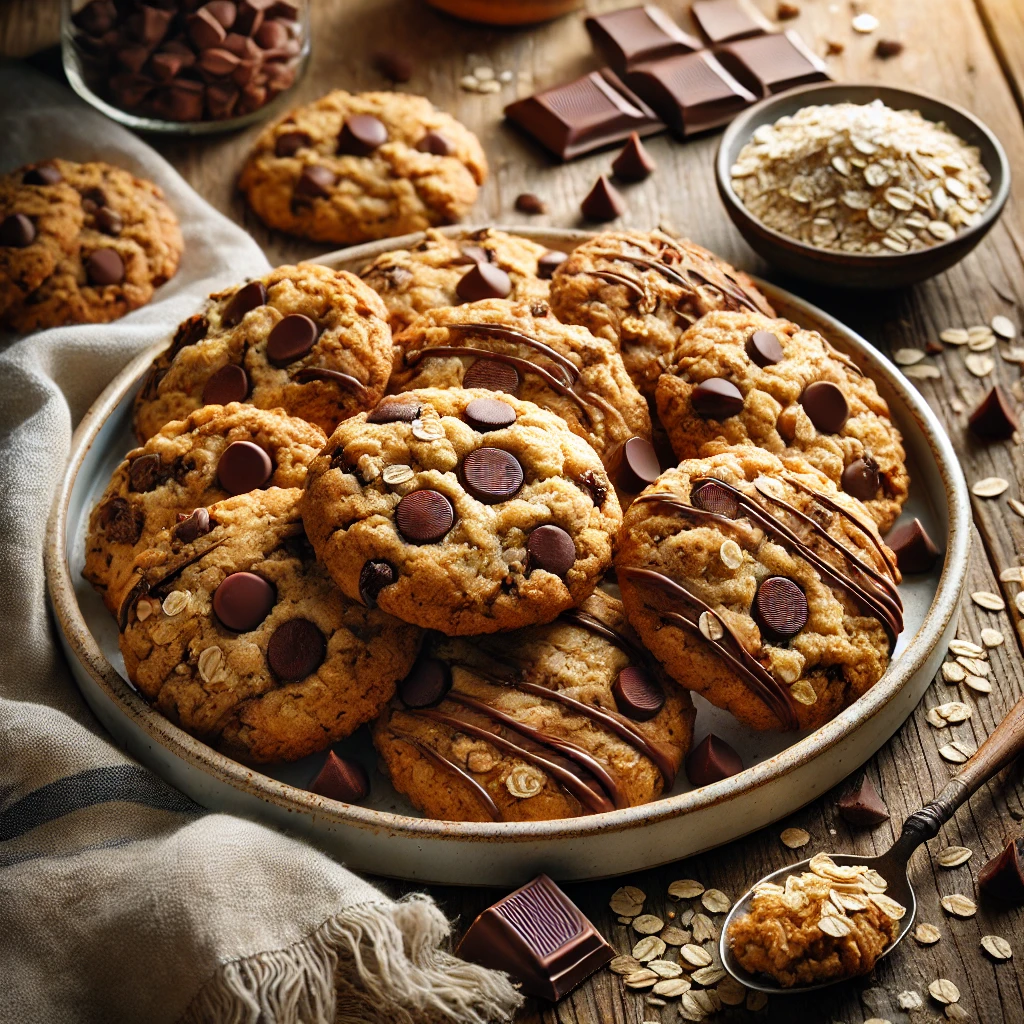 A plate of chocolate chip 'n oatmeal cookies on a rustic wooden table, featuring golden brown cookies with a chewy texture, packed with hearty oats and studded with melted chocolate chips. Some cookies are drizzled with extra chocolate, while others have a sprinkle of sea salt for contrast. A few broken cookies reveal their soft, gooey interior, with scattered oats, chocolate chips, and cookie crumbs adding to the homemade charm. Soft natural lighting enhances the warm, inviting tones.