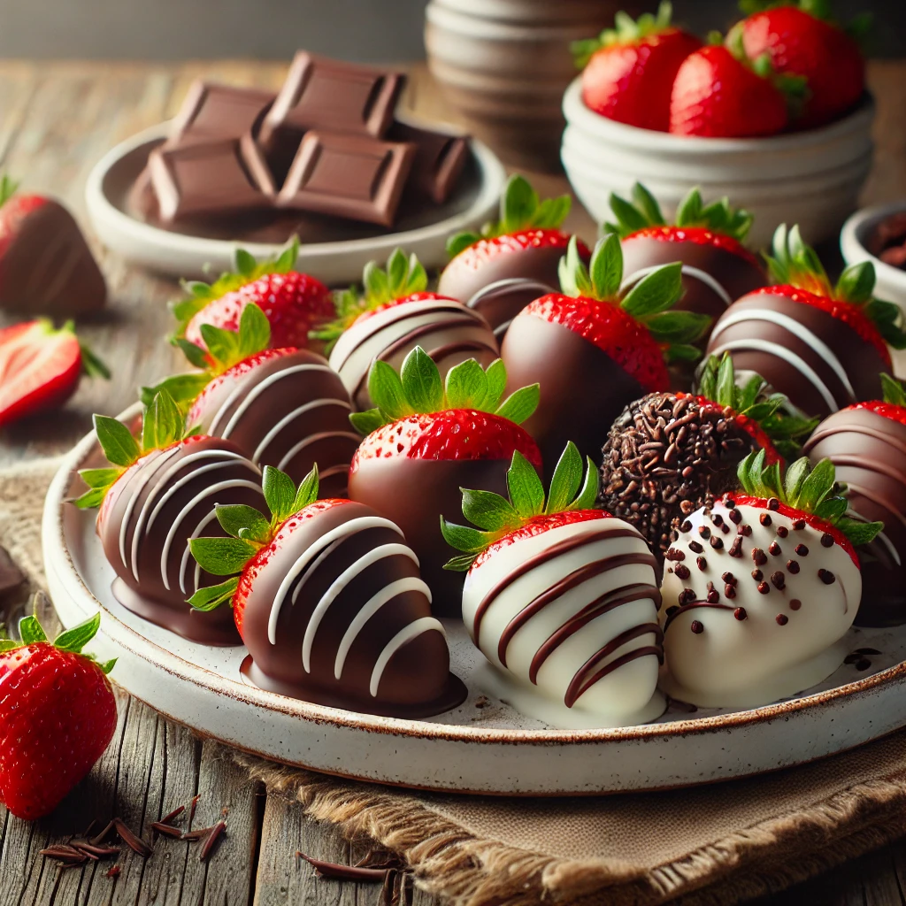 A plate of elegant chocolate-covered strawberries on a rustic wooden table, featuring fresh, plump strawberries dipped in glossy dark and white chocolate. Some are drizzled with contrasting chocolate, while others are decorated with finely chopped nuts or sprinkles. Loose strawberries and chocolate shavings are scattered around, with soft natural lighting enhancing the rich chocolate tones and vibrant red strawberries.
