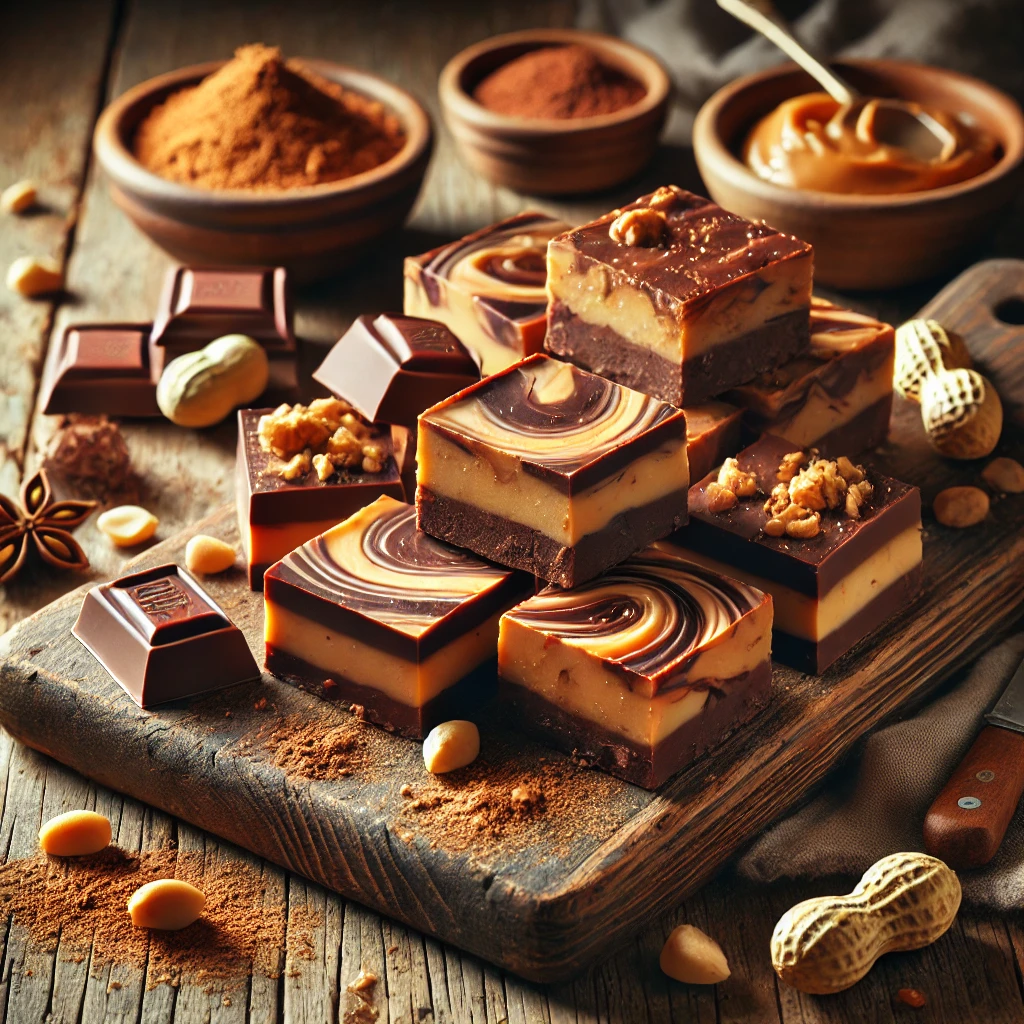 A rustic presentation of chocolate peanut butter fudge, elegantly arranged on a wooden table. The fudge is cut into smooth, creamy squares with rich layers of dark chocolate and golden peanut butter swirled together. Some pieces are stacked neatly on a wooden cutting board, while others are arranged to showcase the marbled texture. A drizzle of melted chocolate and a sprinkle of crushed peanuts add extra flavor. Scattered around are whole peanuts, cocoa powder, and a small dish of extra peanut butter. Soft natural lighting enhances the warm and inviting feel, with gentle shadows and a hint of rustic charm in the background.
