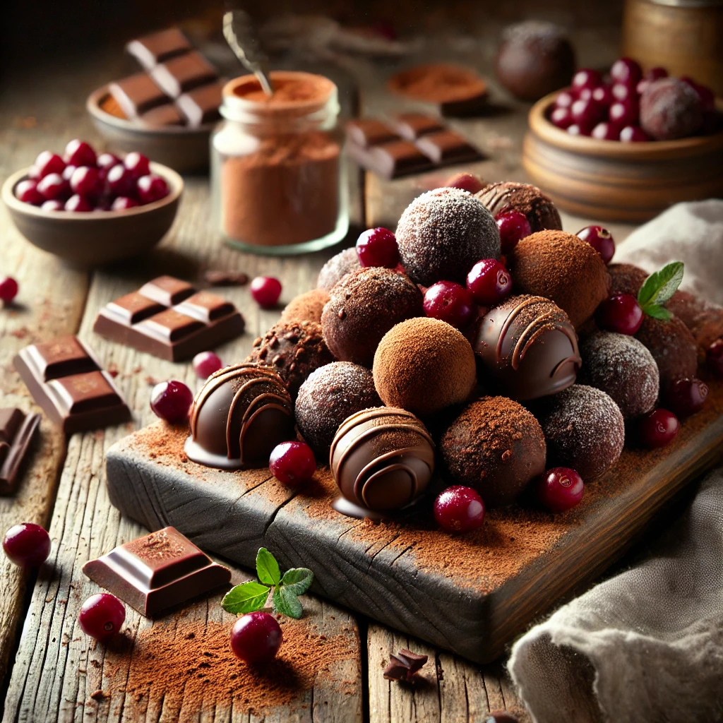 A rustic presentation of chocolate cranberry truffles, elegantly arranged on a wooden table. The truffles are rich, dark chocolate spheres infused with tart dried cranberries, coated in cocoa powder and drizzled with melted chocolate. Some truffles are stacked on a wooden cutting board, while others are scattered to showcase their smooth, decadent texture. Fresh cranberries and a dusting of powdered sugar add extra indulgence. Scattered around are chocolate shavings, cocoa beans, and a small dish of extra dried cranberries. Soft natural lighting enhances the warm and inviting feel, with gentle shadows and a hint of rustic charm in the background.