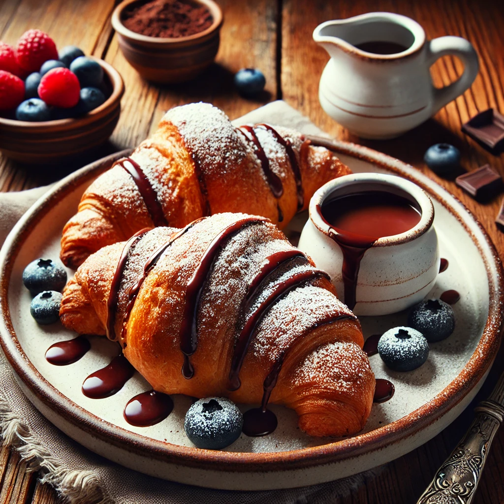 A beautifully plated dish of Chocolate Croissants served on a rustic wooden table. The croissants are golden-brown, flaky, and filled with rich, melted chocolate. Lightly dusted with powdered sugar and arranged on a white ceramic plate. Served with a side of fresh berries and a small dish of chocolate sauce for dipping. The warm wooden table is more visible, providing a cozy and inviting setting.
