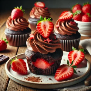 A beautifully plated batch of Chocolate Cupcakes with Strawberry Filling served on a rustic wooden table. The cupcakes have a rich, moist chocolate base filled with a fresh strawberry compote. Topped with a swirl of velvety chocolate frosting and garnished with sliced strawberries and a dusting of cocoa powder. Arranged on a white ceramic plate with a side of fresh strawberries. The warm wooden table is more visible, providing a cozy and inviting setting.