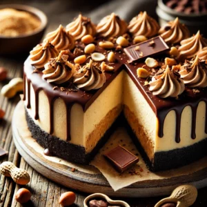 A decadent chocolate-drizzled peanut butter cheesecake on a rustic wooden table, featuring a creamy peanut butter filling on a chocolate cookie crust, topped with smooth chocolate drizzle. The top is decorated with chopped peanuts and chocolate shavings. A slice is cut to reveal the rich, velvety layers inside, with scattered peanuts and chocolate pieces adding to the homemade charm. Soft natural lighting enhances the warm, indulgent tones.