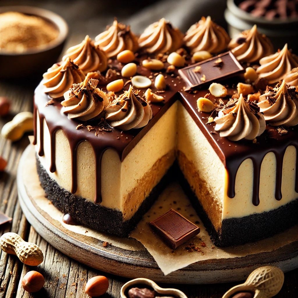 A decadent chocolate-drizzled peanut butter cheesecake on a rustic wooden table, featuring a creamy peanut butter filling on a chocolate cookie crust, topped with smooth chocolate drizzle. The top is decorated with chopped peanuts and chocolate shavings. A slice is cut to reveal the rich, velvety layers inside, with scattered peanuts and chocolate pieces adding to the homemade charm. Soft natural lighting enhances the warm, indulgent tones.
