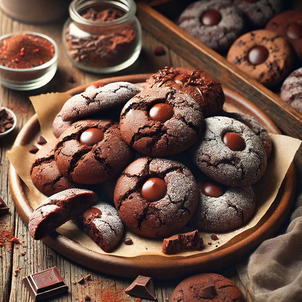 A plate of chocolate drop sugar cookies on a rustic wooden table, featuring soft, round cookies with a rich chocolate color and a slightly cracked surface. Some are dusted with powdered sugar, while others have a drizzle of melted chocolate or a sprinkle of colorful sugar crystals. A few broken cookies reveal their tender, cake-like interior, with scattered chocolate chips and cocoa powder adding to the homemade charm. Soft natural lighting enhances the warm, inviting tones.