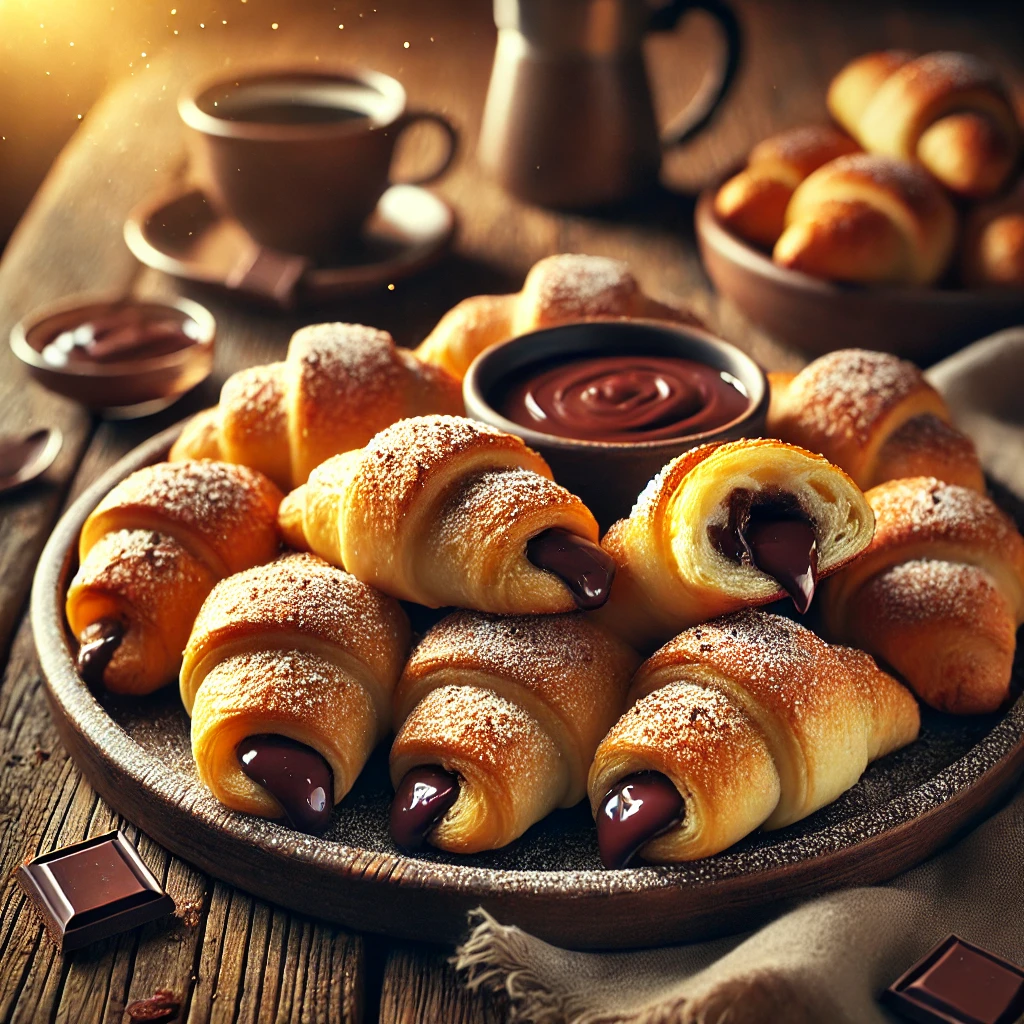 Chocolate-Filled Breakfast Crescents on a rustic wooden platter, featuring golden, flaky crescent rolls with melted chocolate filling, lightly dusted with powdered sugar. Set on a wooden table with a cup of coffee and a bowl of chocolate sauce in the softly blurred background.