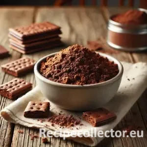 A bowl of dark brown chocolate graham cracker crumbs with broken chocolate graham crackers beside it on a rustic wooden table.