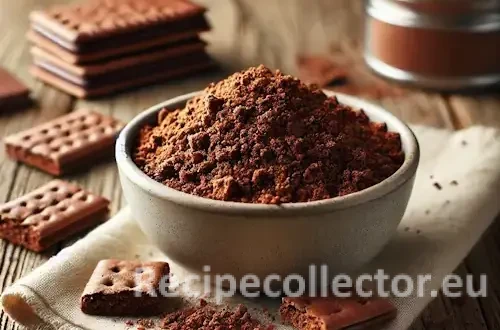 A bowl of dark brown chocolate graham cracker crumbs with broken chocolate graham crackers beside it on a rustic wooden table.