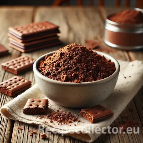 A bowl of dark brown chocolate graham cracker crumbs with broken chocolate graham crackers beside it on a rustic wooden table.