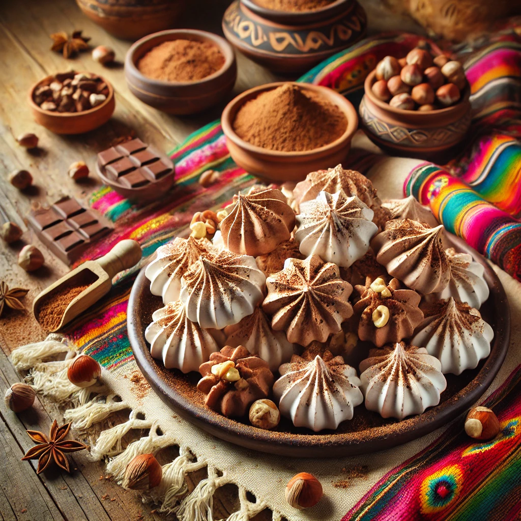 Light, airy chocolate hazelnut meringues shaped into rustic, cloud-like forms, with visible hazelnut pieces, cocoa nibs, and a dusting of cocoa powder. The meringues are arranged on a traditional Mexican-style ceramic plate, surrounded by colorful textiles and pottery. The cozy, rustic scene includes a wooden table, with small bowls of cocoa powder and hazelnuts, illuminated by natural, warm lighting.