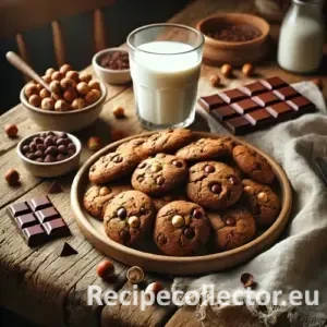 A rustic wooden table set with chocolate hazelnut cookies, studded with chopped nuts and chocolate chips, beside a glass of plant-based milk and pieces of dark chocolate.