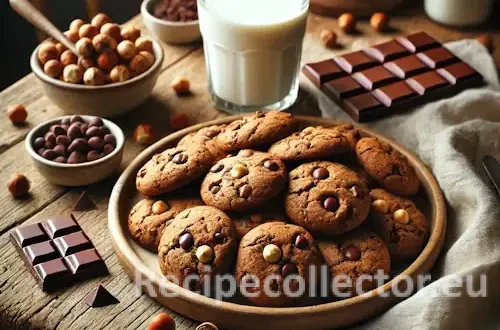 A rustic wooden table set with chocolate hazelnut cookies, studded with chopped nuts and chocolate chips, beside a glass of plant-based milk and pieces of dark chocolate.