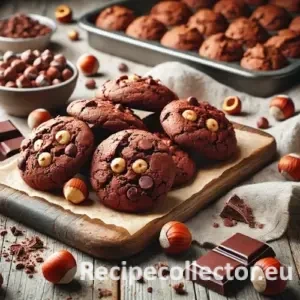 A batch of homemade chocolate hazelnut cookies on a rustic wooden table, with visible chocolate chunks and crushed hazelnuts, surrounded by scattered nuts and a soft linen napkin in a warm natural light setting.