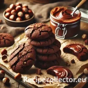 Rustic table with chocolate hazelnut spread cookies, some cracked open to show gooey filling, with scattered hazelnuts and a glass jar of spread nearby.