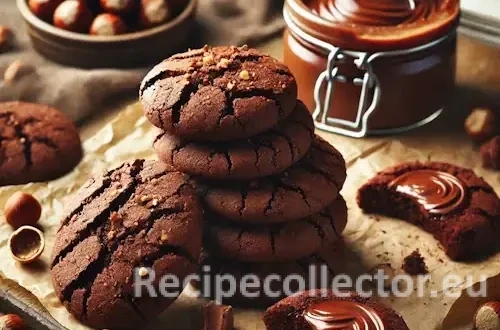 Rustic table with chocolate hazelnut spread cookies, some cracked open to show gooey filling, with scattered hazelnuts and a glass jar of spread nearby.