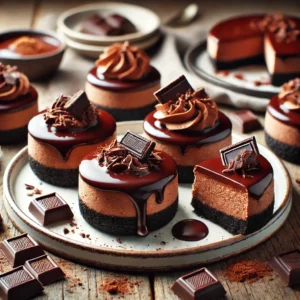 A plate of chocolate mini cheesecakes on a rustic wooden table, featuring rich, creamy chocolate filling on a chocolate cookie crust, topped with glossy chocolate ganache. Some are garnished with chocolate shavings, while others have a drizzle of melted chocolate. A few are cut open to reveal the smooth, velvety interior, with scattered chocolate pieces and cocoa powder adding to the homemade charm. Soft natural lighting enhances the deep, indulgent chocolate tones.