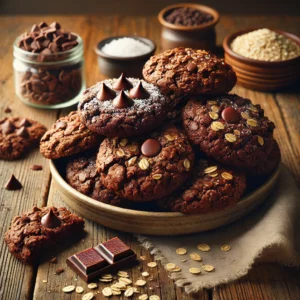 A plate of chocolate oatmeal cookies on a rustic wooden table, featuring rich, dark cookies with a chewy texture, made with hearty oats and melted chocolate chips. Some cookies are drizzled with extra chocolate, while others have a sprinkle of sea salt for contrast. A few broken cookies reveal their soft, gooey interior, with scattered oats, chocolate chips, and cookie crumbs adding to the homemade charm. Soft natural lighting enhances the warm, inviting tones.