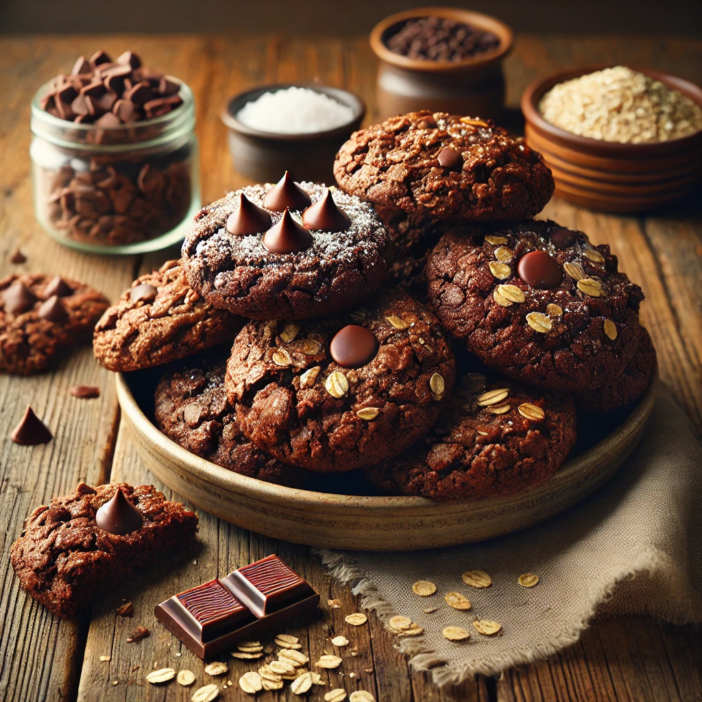 A plate of chocolate oatmeal cookies on a rustic wooden table, featuring rich, dark cookies with a chewy texture, made with hearty oats and melted chocolate chips. Some cookies are drizzled with extra chocolate, while others have a sprinkle of sea salt for contrast. A few broken cookies reveal their soft, gooey interior, with scattered oats, chocolate chips, and cookie crumbs adding to the homemade charm. Soft natural lighting enhances the warm, inviting tones.