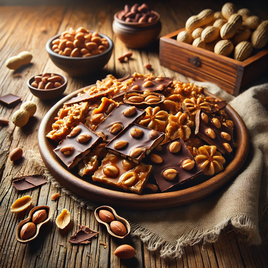 A plate of chocolate peanut brittle with a golden, caramelized base filled with crunchy roasted peanuts, coated in smooth dark chocolate on a rustic wooden table. Some pieces are broken apart to reveal the crisp, nutty texture, with whole peanuts and chocolate shavings scattered around. A cozy napkin and wooden plate enhance the warm, inviting atmosphere.