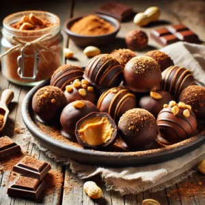 A plate of rich chocolate and peanut butter truffles on a rustic wooden table, featuring truffles coated in smooth dark chocolate, some drizzled with peanut butter and others rolled in crushed peanuts. A few are cut open to reveal the decadent peanut butter filling inside. Scattered cocoa powder, chocolate shavings, and peanuts add to the homemade charm, with soft natural lighting enhancing the indulgent textures and warm tones.
