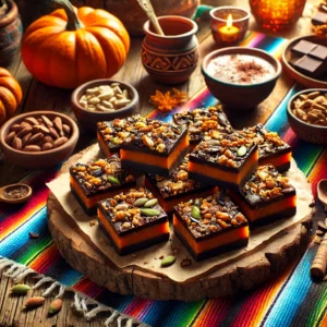 A decadent and vibrant scene featuring Chocolate Pumpkin Crunch Bars on a rustic wooden platter. The bars have layers of dark chocolate, pumpkin puree, and a crunchy topping of nuts and seeds. The setup includes a colorful Mexican-style tablecloth, a small bowl of nuts, a cup of hot cocoa, and a decorative pumpkin, illuminated by bright natural light to enhance the indulgent and inviting appeal.