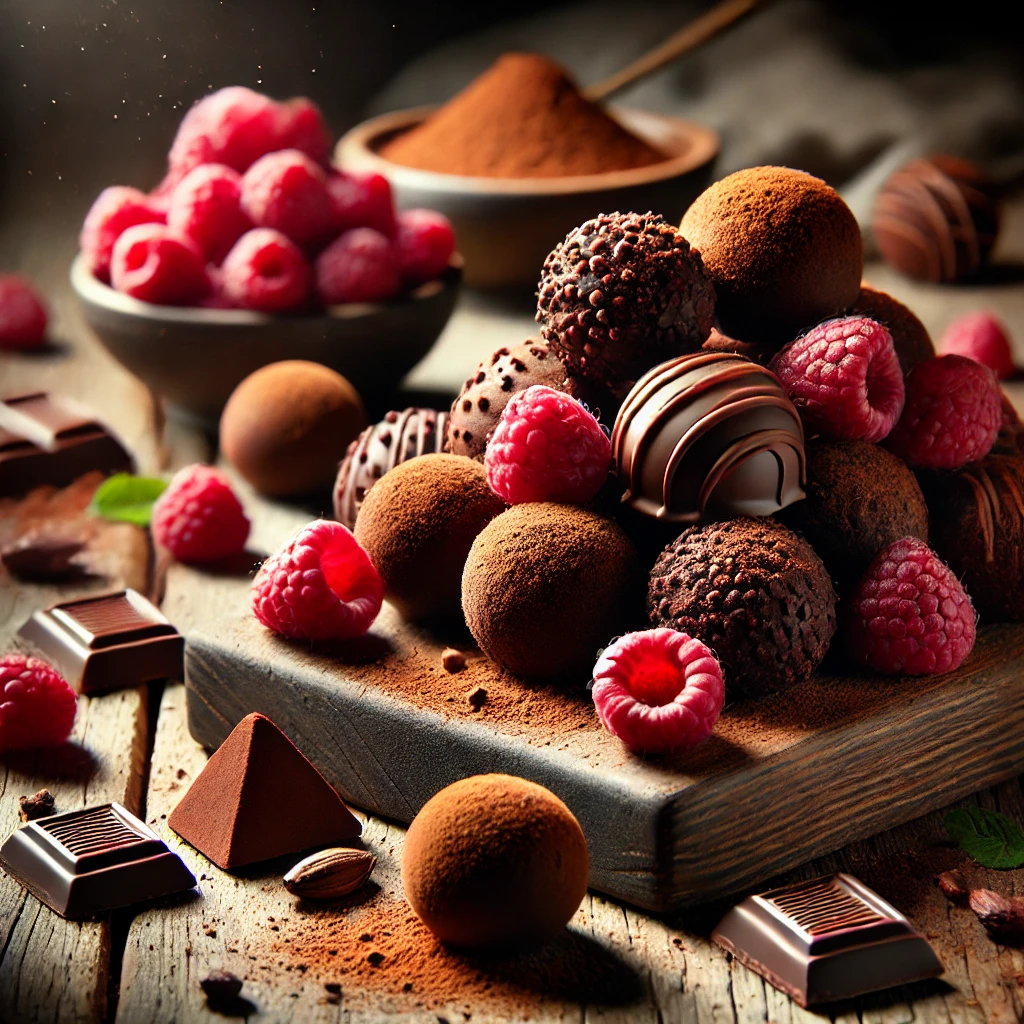 A rustic presentation of chocolate raspberry truffles, elegantly arranged on a wooden table. The truffles are rich, dark chocolate spheres infused with vibrant raspberry flavor, coated in cocoa powder and drizzled with melted chocolate. Some truffles are stacked on a wooden cutting board, while others are scattered to showcase their smooth, decadent texture. Fresh raspberries and a dusting of powdered sugar add extra indulgence. Scattered around are cocoa beans, chocolate shavings, and a small dish of extra raspberries. Soft natural lighting enhances the warm and inviting feel, with gentle shadows and a hint of rustic charm in the background.