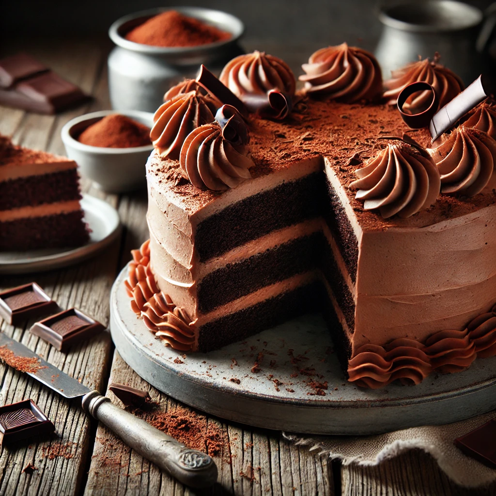 A rich chocolate sour cream cake on a rustic wooden table, featuring moist, dark chocolate layers with velvety chocolate sour cream frosting. A slice is cut to reveal the dense, tender crumb inside. The top is decorated with chocolate curls and a dusting of cocoa powder, with scattered chocolate pieces and crumbs adding to the homemade charm. Soft natural lighting enhances the deep, indulgent chocolate tones.