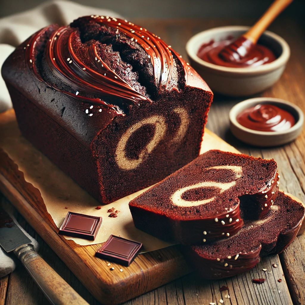A freshly baked Chocolate Tahini Quick Bread with a rich, dark chocolate color and a moist, dense texture. The loaf has a slightly glossy top, swirled with creamy tahini, creating a beautiful marbled effect. It rests on a wooden cutting board atop a rustic wooden table, with a few slices cut to reveal the soft, chocolatey interior. A small dish of tahini, a drizzle of chocolate, and sesame seeds complete the cozy presentation. Warm, natural lighting enhances the inviting, homemade feel.