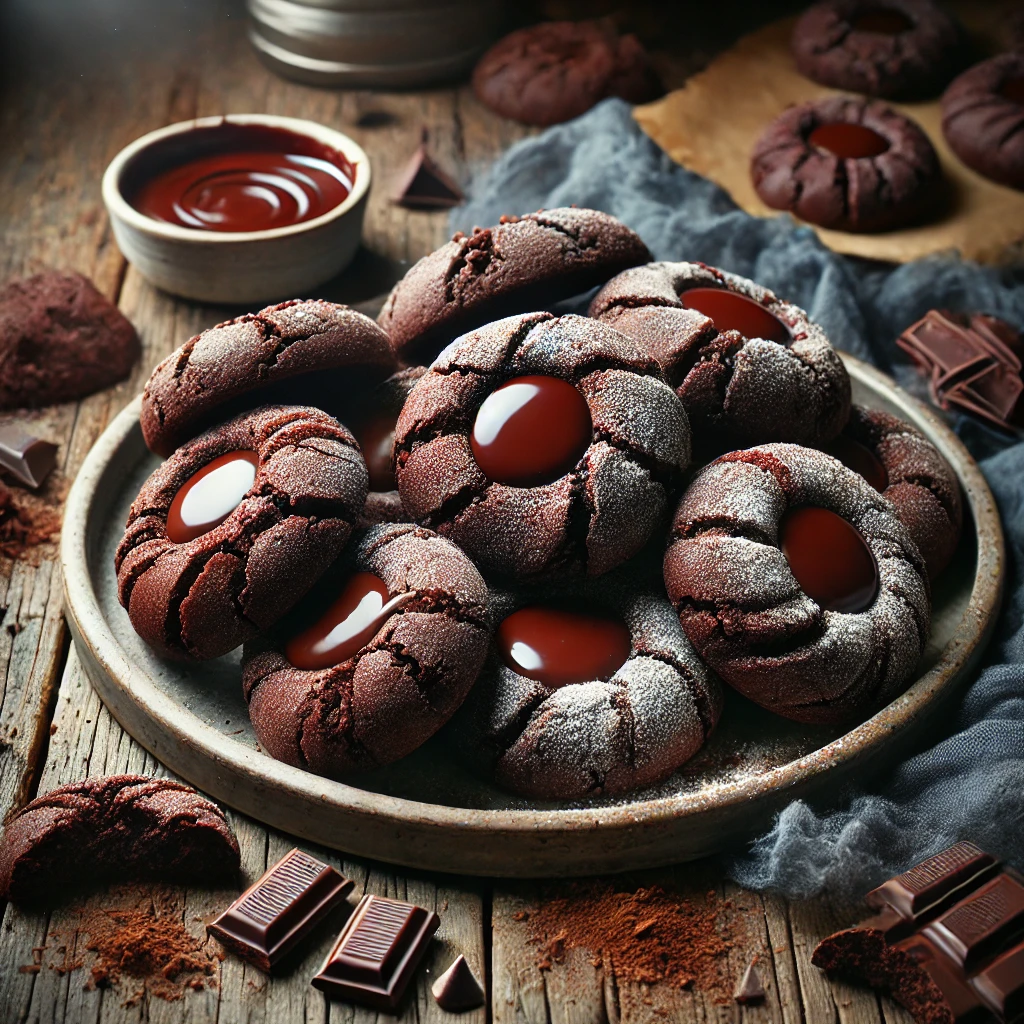 A plate of chocolate thumbprint cookies on a rustic wooden table, featuring rich, dark cookies with a soft, chewy texture and an indent filled with glossy chocolate ganache. Some cookies are dusted with powdered sugar, while others have a drizzle of melted chocolate or a sprinkle of crushed nuts. A few broken cookies reveal their fudgy interior, with scattered chocolate chips and cocoa powder adding to the homemade charm. Soft natural lighting enhances the deep, indulgent chocolate tones.