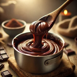 Rich chocolate filling being stirred in a saucepan, with a wooden spoon lifting the smooth, velvety mixture. The saucepan sits on a rustic wooden table with a bowl of extra chocolate filling and pieces of dark chocolate in the softly blurred background.