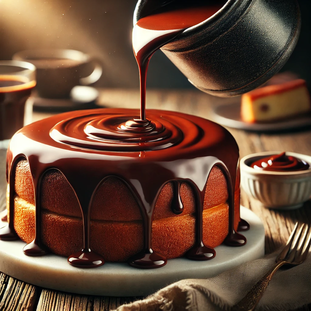 Glossy chocolate glaze being poured over a freshly baked cake, cascading in thick ribbons. The cake sits on a rustic wooden table with a small bowl of extra glaze and a cup of coffee in the softly blurred background.
