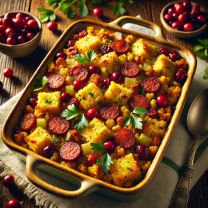A festive baking dish of Chorizo, Cranberry, and Cornbread Stuffing, topped with fresh parsley and cranberries, set on a wooden table with a serving spoon and a bowl of cranberries in the background.
