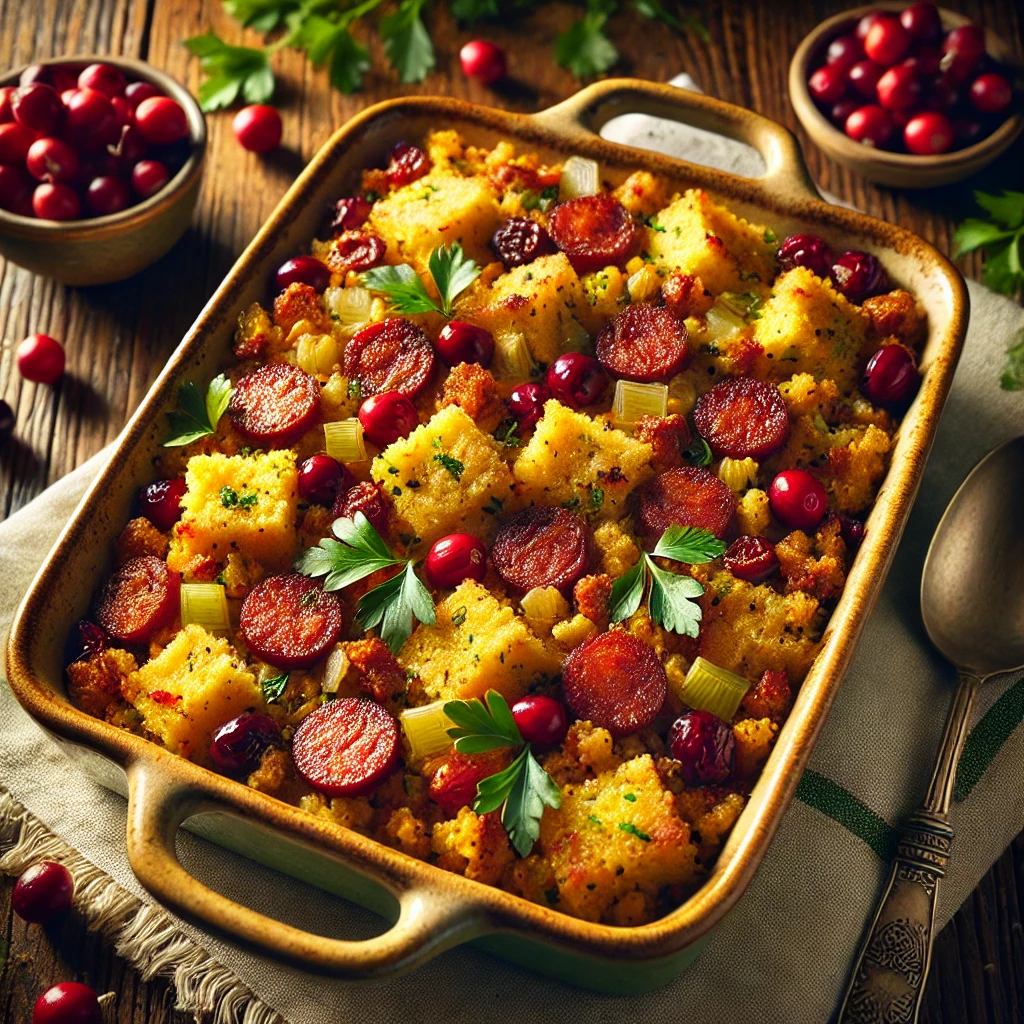 A festive baking dish of Chorizo, Cranberry, and Cornbread Stuffing, topped with fresh parsley and cranberries, set on a wooden table with a serving spoon and a bowl of cranberries in the background.
