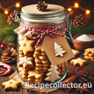Glass jar filled with golden brown Christmas biscuits shaped like stars and trees, tied with festive twine and surrounded by pine cones and cinnamon sticks on a rustic wooden table.