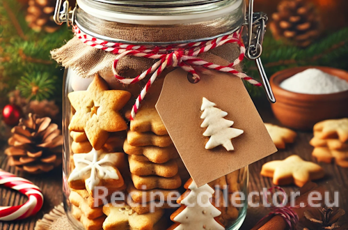 Glass jar filled with golden brown Christmas biscuits shaped like stars and trees, tied with festive twine and surrounded by pine cones and cinnamon sticks on a rustic wooden table.
