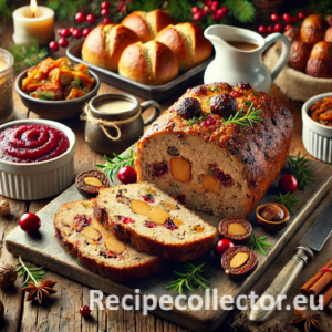 Sliced Christmas meatloaf filled with turkey, pork, cranberries, and herbs, served with roasted vegetables and gravy on a rustic holiday table.