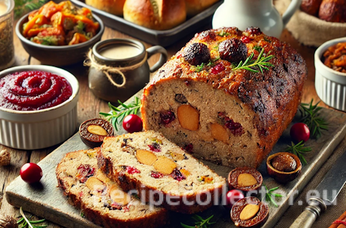 Sliced Christmas meatloaf filled with turkey, pork, cranberries, and herbs, served with roasted vegetables and gravy on a rustic holiday table.